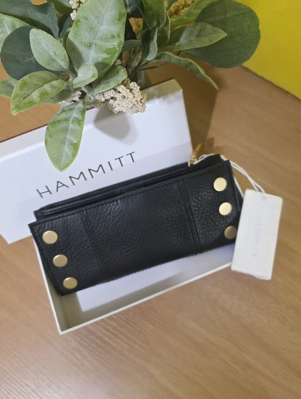 Hammitt Black Leather Zip Wallet with Gold Disc Accents